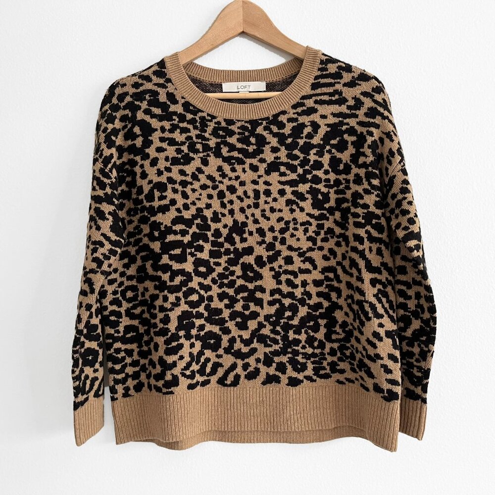 LOFT Leopard Cropped Crew Sweater Tan / Black size XS